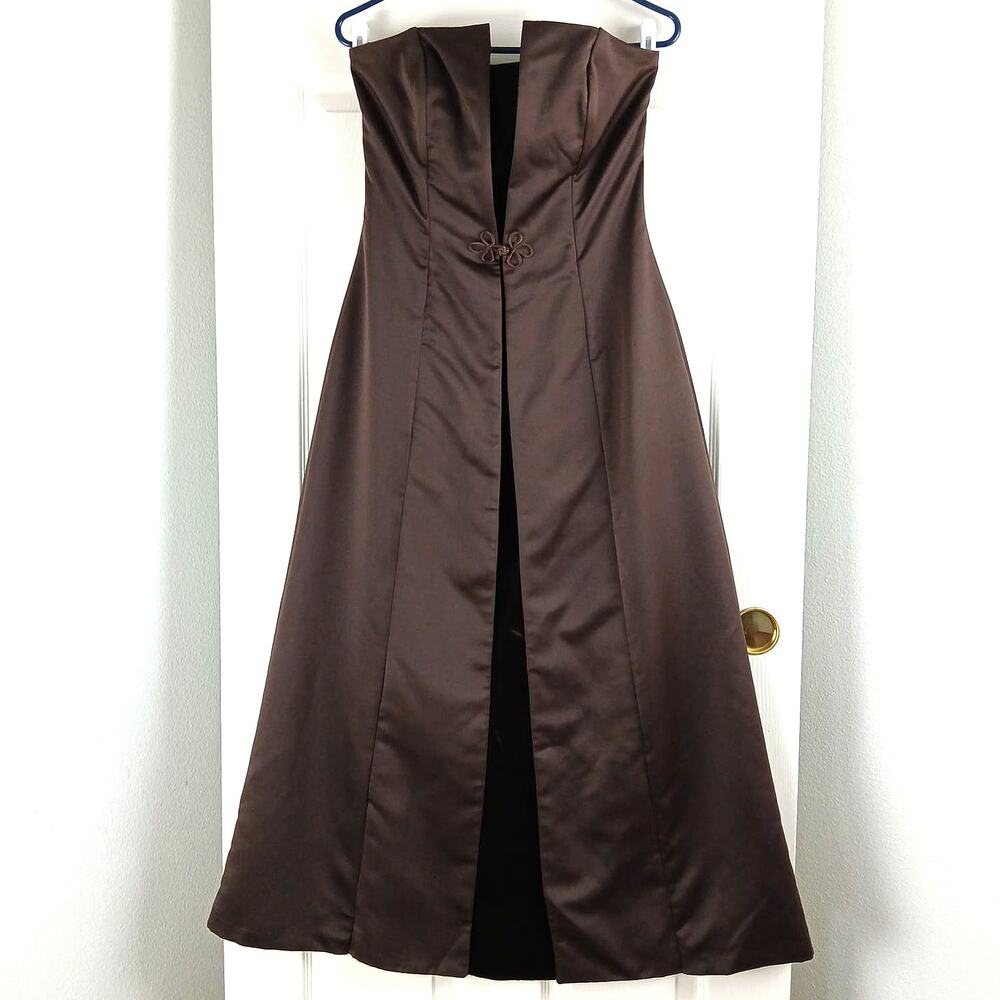 De Laru by Sheila Yen VTG Y2K Strapless Maxi Prom Gown 11/12 dk brown satin vlvt - Picture 1 of 15